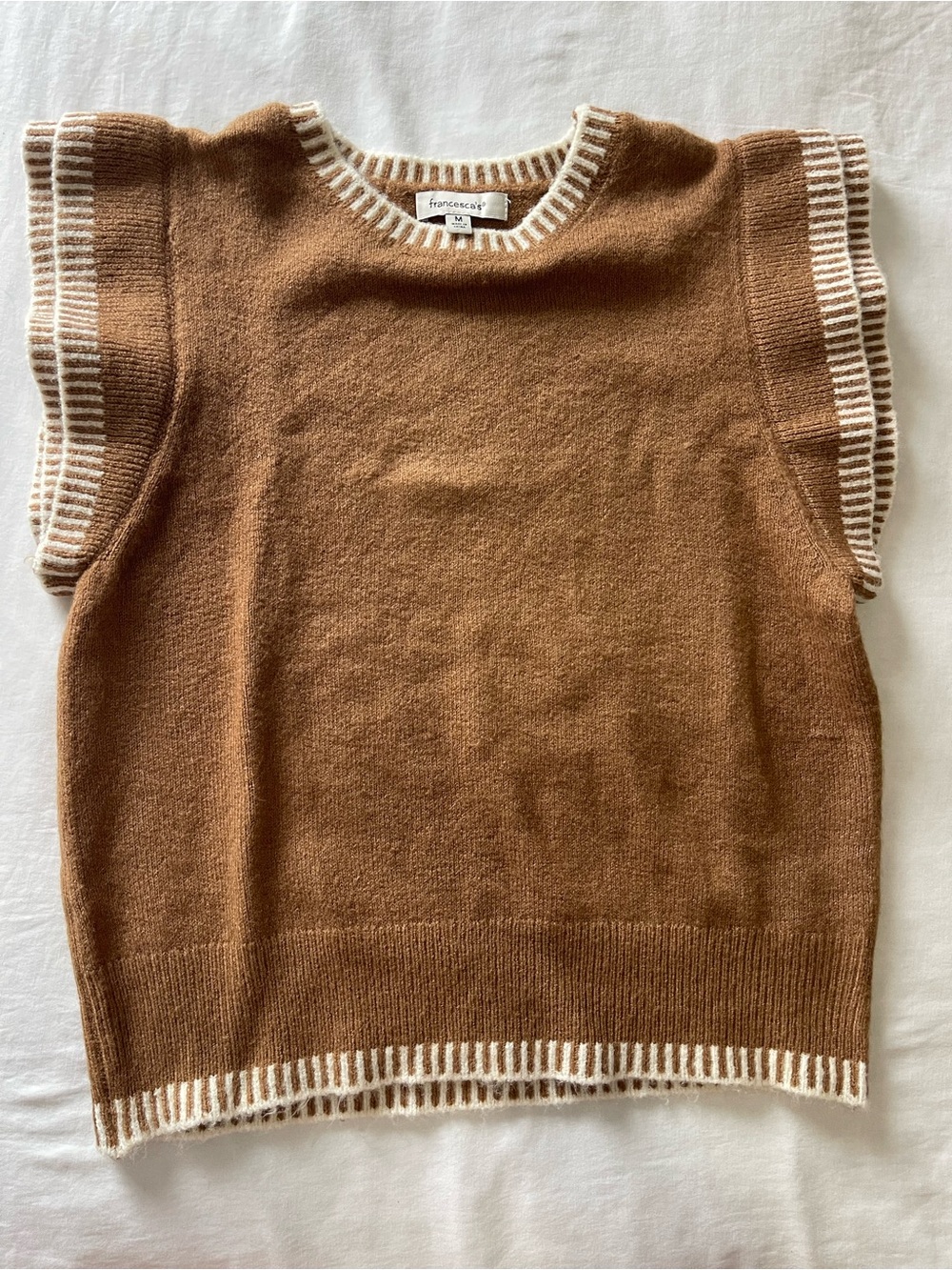 Francesca's Collections Brown Knit Flutter-Sleeve Sweater Vest with Cream Trim